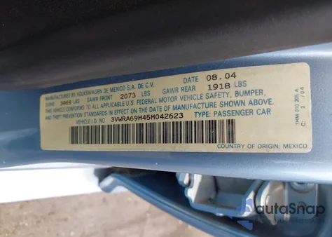 2005 Volkswagen Jetta Gl из США, поврежденный, VIN 3VWRA69M45M042623